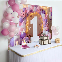 Lofaris Toile de Fond de Fête Numéro Un Floral Papillon et Ballons Rose Violet Blanc, Décoration de Célébration Premier Anniversaire