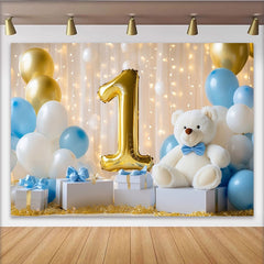 Lofaris Toile de Fond de Fête Premier Anniversaire Numéro Un Doré et Ours en Peluche, Décoration de Célébration Ballons Bleu Blanc