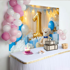 Lofaris Toile de Fond de Fête Numéro Un Doré Ours en Peluche, Ballons Bleu et Blanc pour Premier Anniversaire Bébé Garçon