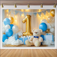 Lofaris Toile de Fond de Fête Numéro Un Doré Ours en Peluche, Ballons Bleu et Blanc pour Premier Anniversaire Bébé Garçon