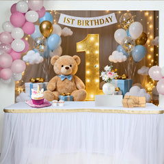 Lofaris Toile de Fond de Fête 1er Anniversaire Rêveuse Ballons Bleu et Blanc Numéro Un Doré avec Mignon Ours en Peluche, Célébration Festive