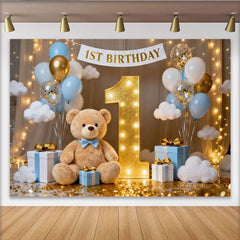 Lofaris Toile de Fond de Fête 1er Anniversaire Rêveuse Ballons Bleu et Blanc Numéro Un Doré avec Mignon Ours en Peluche, Célébration Festive
