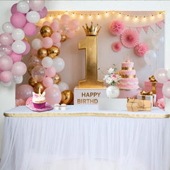 Lofaris Toile de Fond de Fête Élégante Premier Anniversaire Rose et Or, Présentant un Numéro Un Couronné et Ballons