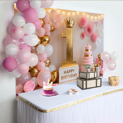 Lofaris Toile de Fond de Fête Élégante Premier Anniversaire Rose et Or, Présentant un Numéro Un Couronné et Ballons