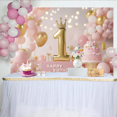 Lofaris Toile de Fond de Fête Premier Anniversaire Princesse Rose et Or avec Couronne Numéro 1 et Gâteau, Décoration Joyeux Anniversaire