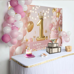 Lofaris Toile de Fond de Fête Premier Anniversaire Princesse Rose et Or avec Couronne Numéro 1 et Gâteau, Décoration Joyeux Anniversaire