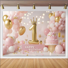 Lofaris Toile de Fond de Fête Premier Anniversaire Princesse Rose et Or avec Couronne Numéro 1 et Gâteau, Décoration Joyeux Anniversaire