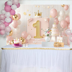 Lofaris Toile de Fond de F¨ºte Joyeux Premier Anniversaire Rose et Or avec Num¨¦ro Un Dor¨¦, Couronne et ¨¦l¨¦gante D¨¦coration Ballons pour Filles