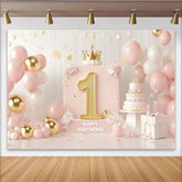 Lofaris Toile de Fond de Fête Joyeux Premier Anniversaire Rose et Or avec Numéro Un Doré, Couronne et Élégante Décoration Ballons pour Filles