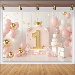 Lofaris Toile de Fond de F¨ºte Joyeux Premier Anniversaire Rose et Or avec Num¨¦ro Un Dor¨¦, Couronne et ¨¦l¨¦gante D¨¦coration Ballons pour Filles
