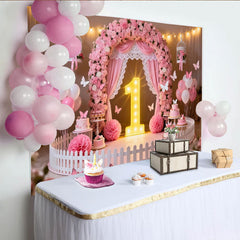 Lofaris Toile de Fond de Fête Premier Anniversaire Arche Florale Rose et Papillon, Décoration de Célébration 1er Anniversaire Bébé Fille