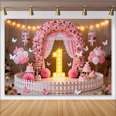 Lofaris Toile de Fond de Fête Premier Anniversaire Arche Florale Rose et Papillon, Décoration de Célébration 1er Anniversaire Bébé Fille