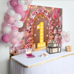 Lofaris Toile de Fond de Fête 1er Anniversaire Arche Florale Rose et Papillon, Célébration Bébé Fille, Décoration Table de Desserts
