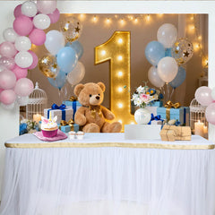Lofaris Toile de Fond de Fête Premier Anniversaire Mignon Ours en Peluche et Numéro Un Doré, Décoration Photobooth Ballons Bleu et Blanc