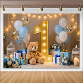 Lofaris Toile de Fond de Fête Premier Anniversaire Mignon Ours en Peluche et Numéro Un Doré, Décoration Photobooth Ballons Bleu et Blanc