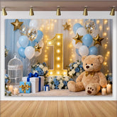 Lofaris Toile de Fond de F¨ºte Premier Anniversaire Ballons Bleu Blanc et Or, avec un Ours en Peluche et ¨¦toiles