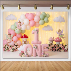 Lofaris Toile de Fond de F¨ºte Premier Anniversaire Jardin F¨¦¨¦rique Rose et Vert Menthe, Maisons Champignons Fantaisistes et Ballons