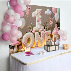 Lofaris Toile de Fond de F¨ºte Premier Anniversaire ONE Duveteux Rose et Blanc, Th¨¨me Jardin F¨¦¨¦rique Enchant¨¦ avec Ballons et Champignons