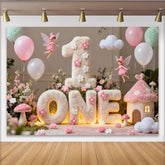 Lofaris Toile de Fond de F¨ºte Premier Anniversaire ONE Duveteux Rose et Blanc, Th¨¨me Jardin F¨¦¨¦rique Enchant¨¦ avec Ballons et Champignons