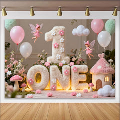 Lofaris Toile de Fond de Fête Premier Anniversaire ONE Duveteux Rose et Blanc, Thème Jardin Féérique Enchanté avec Ballons et Champignons