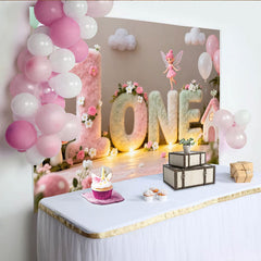 Lofaris Toile de Fond de Fête Premier Anniversaire Jardin Féérique Enchanté, Lettres ONE Pastel Duveteuses avec Fleurs et Ballons