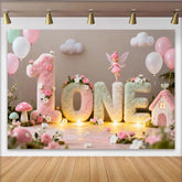 Lofaris Toile de Fond de F¨ºte Premier Anniversaire Jardin F¨¦¨¦rique Enchant¨¦, Lettres ONE Pastel Duveteuses avec Fleurs et Ballons