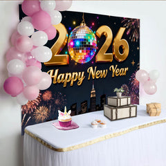 Lofaris Toile de Fond de Fête Dorée Bonne Année 2026 avec Boule à Facettes et Feux d'Artifice, Réveillon du Nouvel An