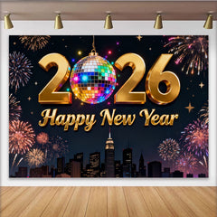 Lofaris Toile de Fond de Fête Dorée Bonne Année 2026 avec Boule à Facettes et Feux d'Artifice, Réveillon du Nouvel An