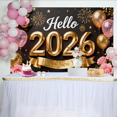 Lofaris Toile de Fond de F¨ºte Noir et Or Bonjour 2026 Bonne Ann¨¦e avec Roses Roses, Ballons et Feux d'Artifice