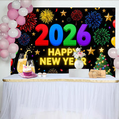 Lofaris Toile de Fond de Fête Vibrante Bonne Année 2026 avec Champagne, Étoiles Dorées et Décoration de Ballons Festifs