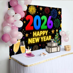 Lofaris Toile de Fond de Fête Vibrante Bonne Année 2026 avec Champagne, Étoiles Dorées et Décoration de Ballons Festifs