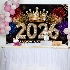 Lofaris Toile de Fond de F¨ºte Bonne Ann¨¦e 2026 Diamant Noir Or avec Couronne et Feux d'Artifice Color¨¦s, C¨¦l¨¦bration R¨¦veillon du Nouvel An