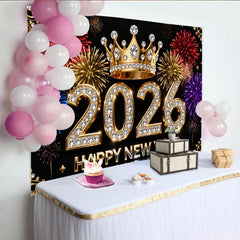 Lofaris Toile de Fond de F¨ºte Bonne Ann¨¦e 2026 Diamant Noir Or avec Couronne et Feux d'Artifice Color¨¦s, C¨¦l¨¦bration R¨¦veillon du Nouvel An