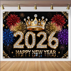 Lofaris Toile de Fond de F¨ºte Bonne Ann¨¦e 2026 Diamant Noir Or avec Couronne et Feux d'Artifice Color¨¦s, C¨¦l¨¦bration R¨¦veillon du Nouvel An