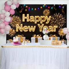 Lofaris Toile de Fond de Fête Noir et Or Bonne Année avec Feux d'Artifice, Ballons et Cadeaux pour Décoration Célébration Festive