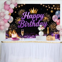 Lofaris Toile de Fond de Fête Joyeux Anniversaire Violet Pailleté avec Couronne et Feux d'Artifice, Élégante Décoration