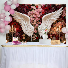 Lofaris Toile de Fond de F¨ºte Florale ¨¦l¨¦gantes Ailes d'Ange Blanches et Roses Rouges Roses, D¨¦coration Romantique C¨¦l¨¦bration Fian?ailles Mariage