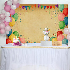 Lofaris Toile de Fond de Fête Vibrante Ballons et Fanions, Confettis Marron Vintage pour Célébration d'Anniversaire