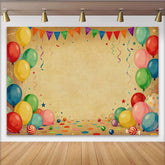 Lofaris Toile de Fond de Fête Vibrante Ballons et Fanions, Confettis Marron Vintage pour Célébration d'Anniversaire