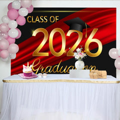 Lofaris Toile de Fond de F¨ºte ¨¦l¨¦gante Dipl?m¨¦s Or Classe 2026 avec Chapeau, D¨¦coration C¨¦l¨¦bration Rouge et Noir pour Dipl?m¨¦s