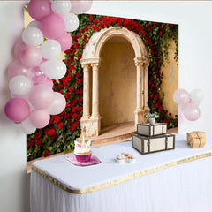 Lofaris Toile de Fond de F¨ºte ¨¦l¨¦gante Arche en Pierre Roses Rouges et Lierre Vert, Photobooth Romantique Mariage Fian?ailles