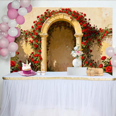 Lofaris Toile de Fond de F¨ºte Vintage Arche Rose Rouge avec Colonnes en Pierre, ¨¦l¨¦gant Fond de Photographie Jardin Floral pour Mariages