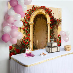 Lofaris Toile de Fond de Fête Vintage Arche Rose Rouge avec Colonnes en Pierre, Élégant Fond de Jardin Floral pour Mariages