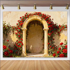 Lofaris Toile de Fond de Fête Vintage Arche Rose Rouge avec Colonnes en Pierre, Élégant Fond de Jardin Floral pour Mariages