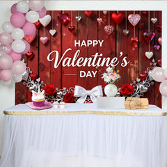 Lofaris Toile de Fond de Fête Bois Rouge Bonne Saint-Valentin, Cœurs Suspendus Romantiques, Roses et Guirlande Argentée