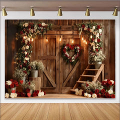 Lofaris Toile de Fond de F¨ºte Porte de Grange en Bois Rustique Couronne de C?ur Roses Rouges et Blanches, D¨¦coration Mariage Anniversaire Saint-Valentin