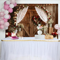 Lofaris Toile de Fond de F¨ºte Porte de Grange en Bois Rustique, Arche Florale Roses Rouges et Blanches avec Rideaux en Dentelle, D¨¦coration Anniversaire Mariage