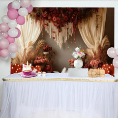 Lofaris Toile de Fond de Fête Boho Roses Rouges et Cœurs avec Herbe de la Pampa, Élégante Décoration Photo Mariage Saint-Valentin