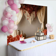 Lofaris Toile de Fond de Fête Rustique Macramé Roses Rouges et Cœurs avec Rideaux Crème, pour Mariage Saint-Valentin
