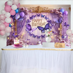 Lofaris Toile de Fond de F¨ºte ¨¦l¨¦gante Joyeux Anniversaire Papillon Violet, D¨¦coration R¨ºveuse Roses et Ballons Lavande